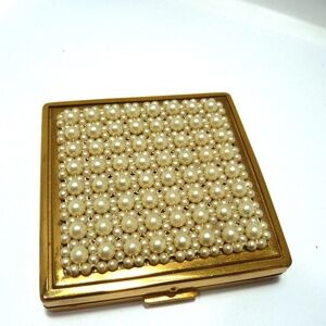 CINER Vintage Compact Mirror Powder CASE Gold Plate Filigree Faux Pearl